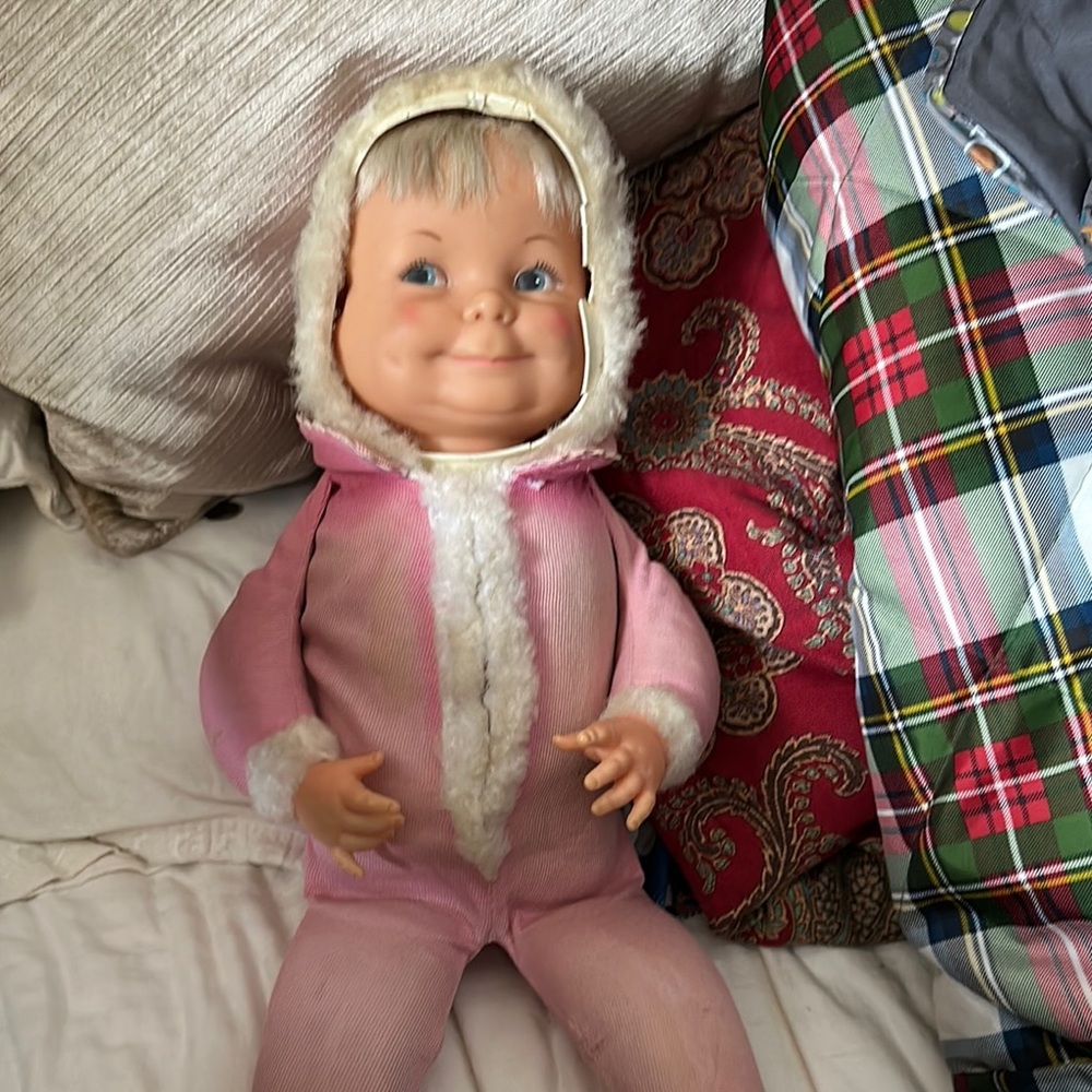 Pink Plush Baby Doll with White Trim
